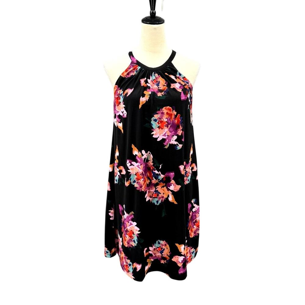 Rachel Zoe Black Spandex Stretch Floral Print Halter Mini Dress with Pockets